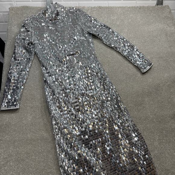 Simon Miller Sequin Sculpty Dress Satellite Silver Satin Maxi Long Sleeve 8 NYE - Picture 8 of 15